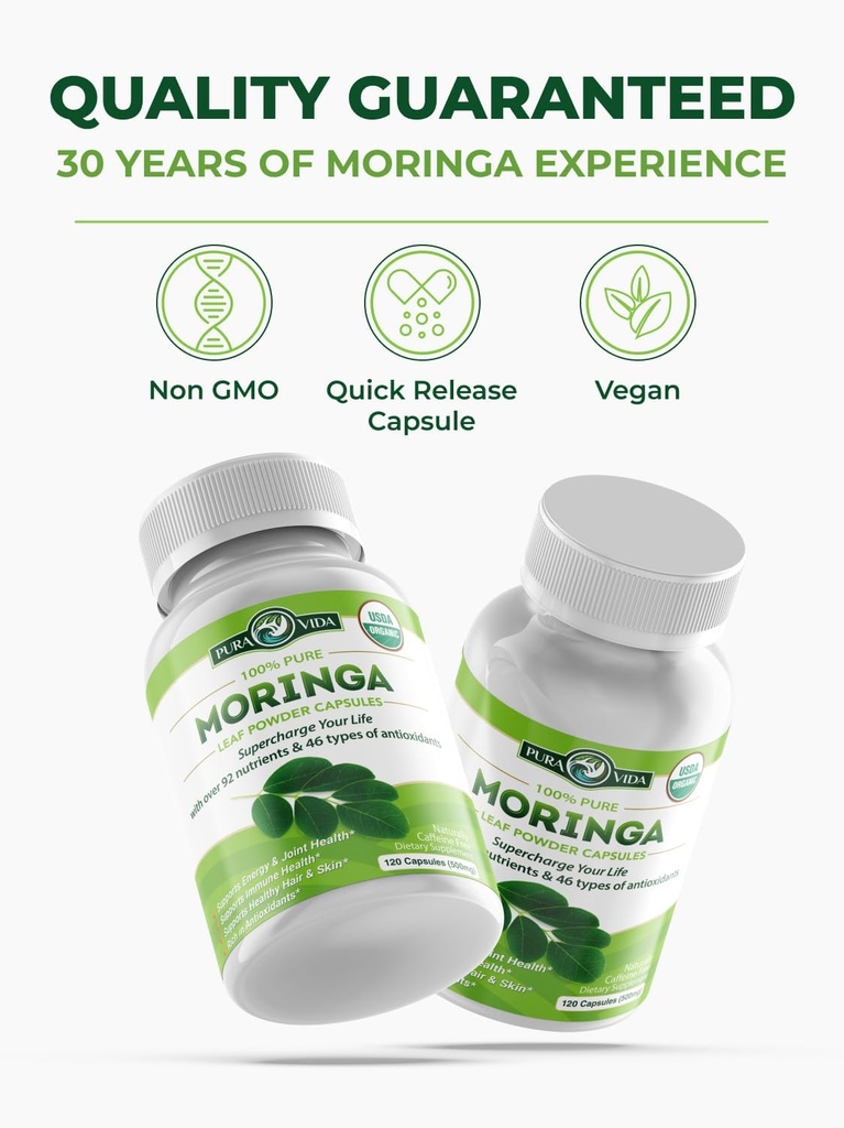 PURA VIDA MORINGA Capsules Single Origin Moringa Powder Organic. Pure Moringa Leaf. Energy, Metabolism, & Immune Support. 120ct. 500mg Caps. 6
