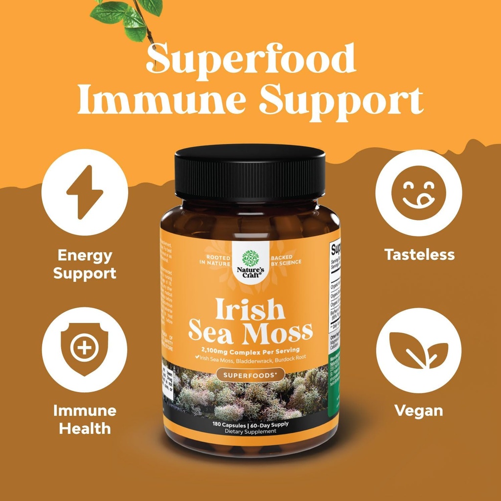 Organic Irish Sea Moss Capsules - Organic Sea Moss Pills with 2100mg Serving Superfood Complex with Bladderwrack Burdock Root and BioPerine for Immune Skin & Thyroid Support - Vegan Non-GMO (2 Month) 5