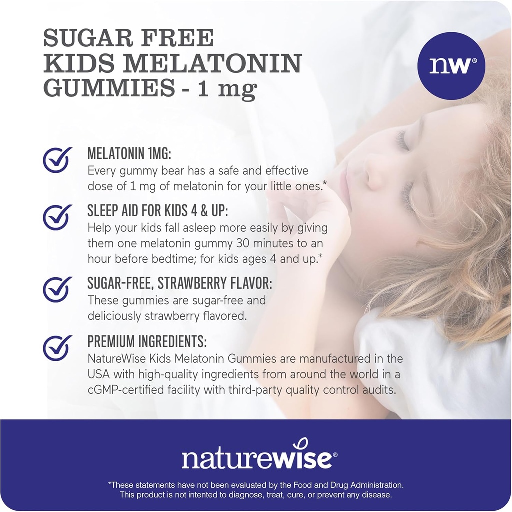 NatureWise Kids Melatonin 1 mg Sugar-Free Gummies for Children Ages 4 & Up - Non-Habit Forming Sleep Aid - Strawberry Flavored - Vegan, No Gluten, Non-GMO - 90 Count[3-Month Supply] 5