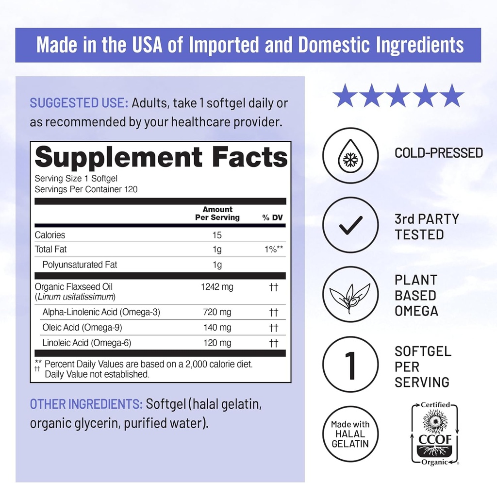NatureWise Flaxseed Oil 1200 mg, Fish Free Omega 3 6 9 with 720mg ALA, Dietary Supplement for Heart Health Support - Organic, Cold Pressed, Non-GMO - 120 Softgels[4-Month Supply] 5