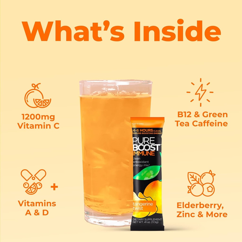 Pureboost Immune Clean Energy Booster, Refreshing Energy Drink Mix and Immunity Supplement with Elderberry, 1,200 mg Vitamin C, Vitamins A + D, and Zinc. (Tangerine Twist, 30 Count) 5