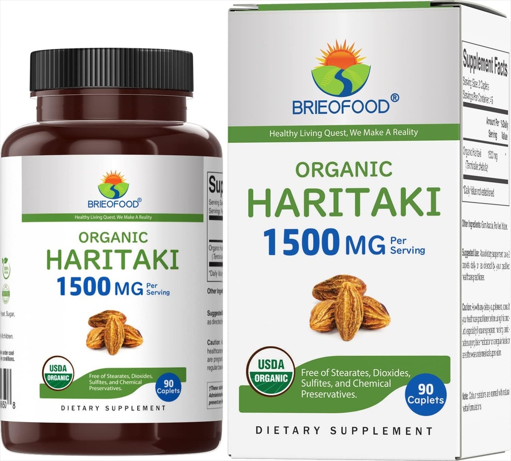 Brieofood Organic Haritaki 1500mg, 45 Servings, Vegetarian, Gluten Free, 90 Vegetarian Tablets 2