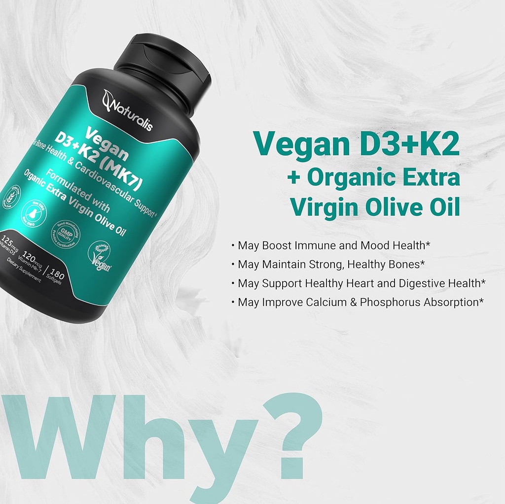 Naturalis Vegan Vitamin D3 + K2 with Extra Virgin Olive Oil | 5000iu Vitamin D with 120mcg MK7 Vitamin K | Better Support for Bone & Immune Health | Vegan Society Certified 180 Softgels 5