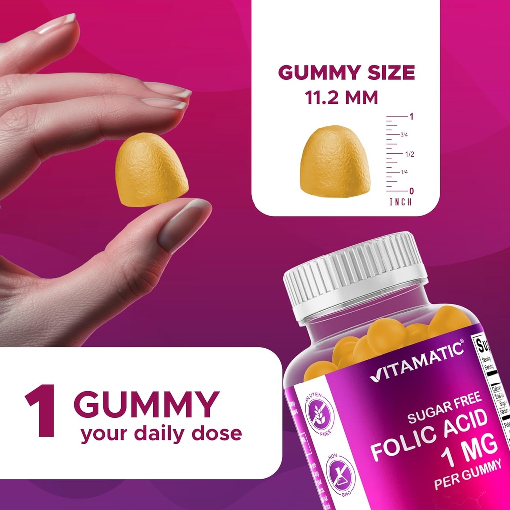 Vitamatic Folic Acid Gummies 1000 mcg (1 mg) – Essential Prenatal Vitamin B9 for Mom & Baby – 120 Vegan Gummies per Bottle – 2 Pack 4