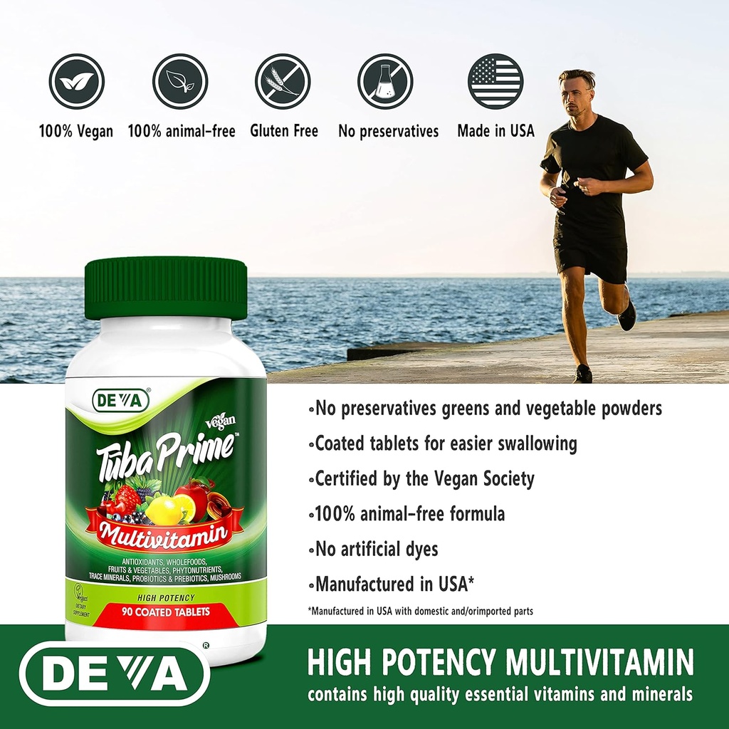 DEVA Tuba Prime Vegan Multivitamin Iron-Free - High-Potency Vitamin & Mineral Dietary Supplement - Antioxidants, Fruit & Vegetable Blend, Super Mushrooms, Probiotics, Prebiotics, Seeds, Herbs 90 Tabs 5