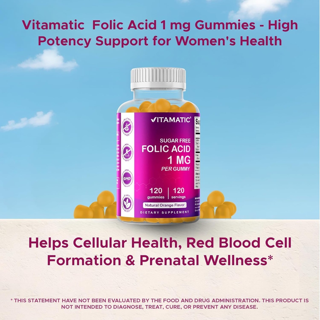 Vitamatic Folic Acid Gummies 1000 mcg (1 mg) – Essential Prenatal Vitamin B9 for Mom & Baby – 120 Vegan Gummies per Bottle – 2 Pack 5
