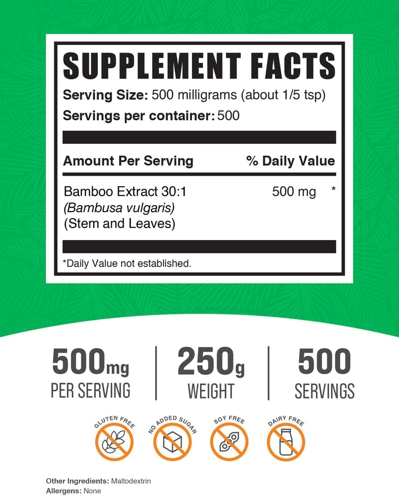 BulkSupplements.com Bamboo Extract Powder - Silica Supplements, Bamboo Powder - Herbal Supplement, Gluten Free, 500mg per Serving, 250g (8.8 oz) (Pack of 1) 3