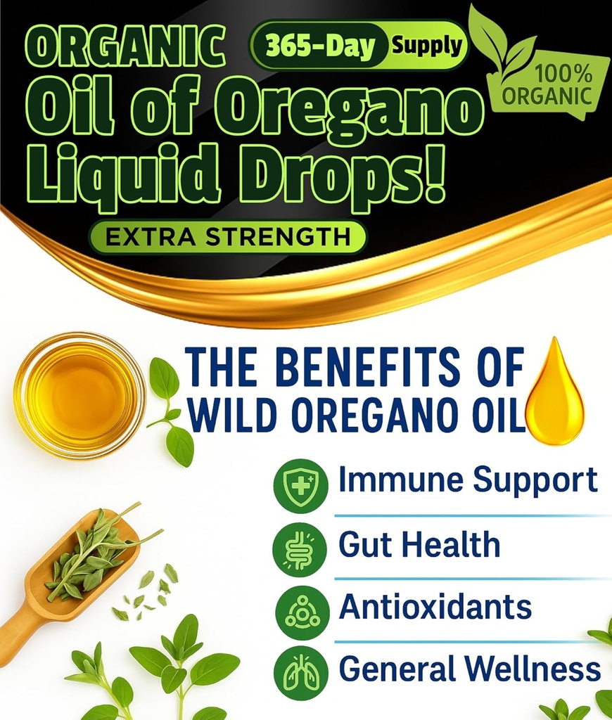 Organic Oregano Oil Drops - 1,000 Servings, 12 Month Supply, Wild Oil of Oregano 9X Carvacrol, Immune & Digestive Support, Non-GMO, Food Grade Herbal Supplement, Alternative to oil of Oregano Tincture 5