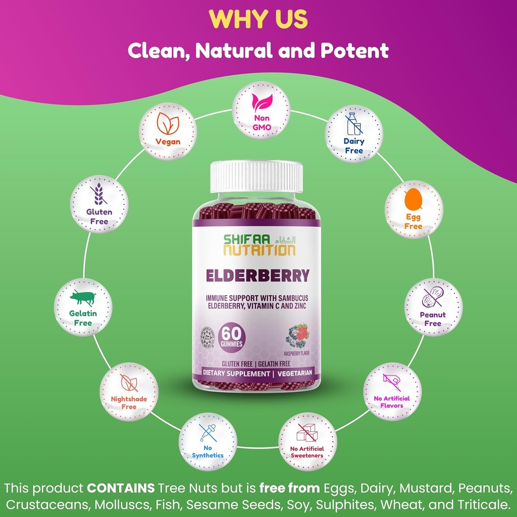 SHIFAA NUTRITION Vegan Black Sambucus Elderberry Gummies | Non-GMO | 60 Gummies, 30 Serving w/ 100mg Elderberry, 90mg Vitamin C, 7.5mg Zinc | Immune Support, Antioxidant Flavonoids Halal Vitamins 5