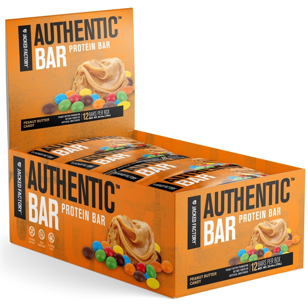 Jacked Factory Authentic Bar Peanut Butter Candy Protein Bars - Tasty Meal Replacement Energy Bars w/ 16g Whey Protein Isolate, Natural Sugars from Pure Honey, Healthy Fat - 12 Pack 2