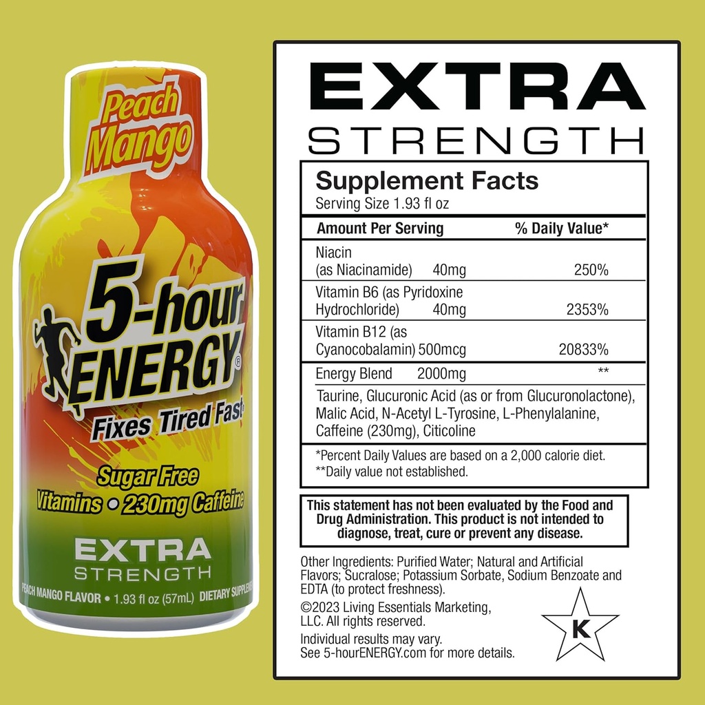 5-hour ENERGY Extra Strength Energy Shot, Peach Mango Flavor (1.93 oz. - 24 Count) Zero Calories & Sugar-Free 230 mg Caffeinated Shot, Amino Acids & B Vitamins, Dietary Supplements 3