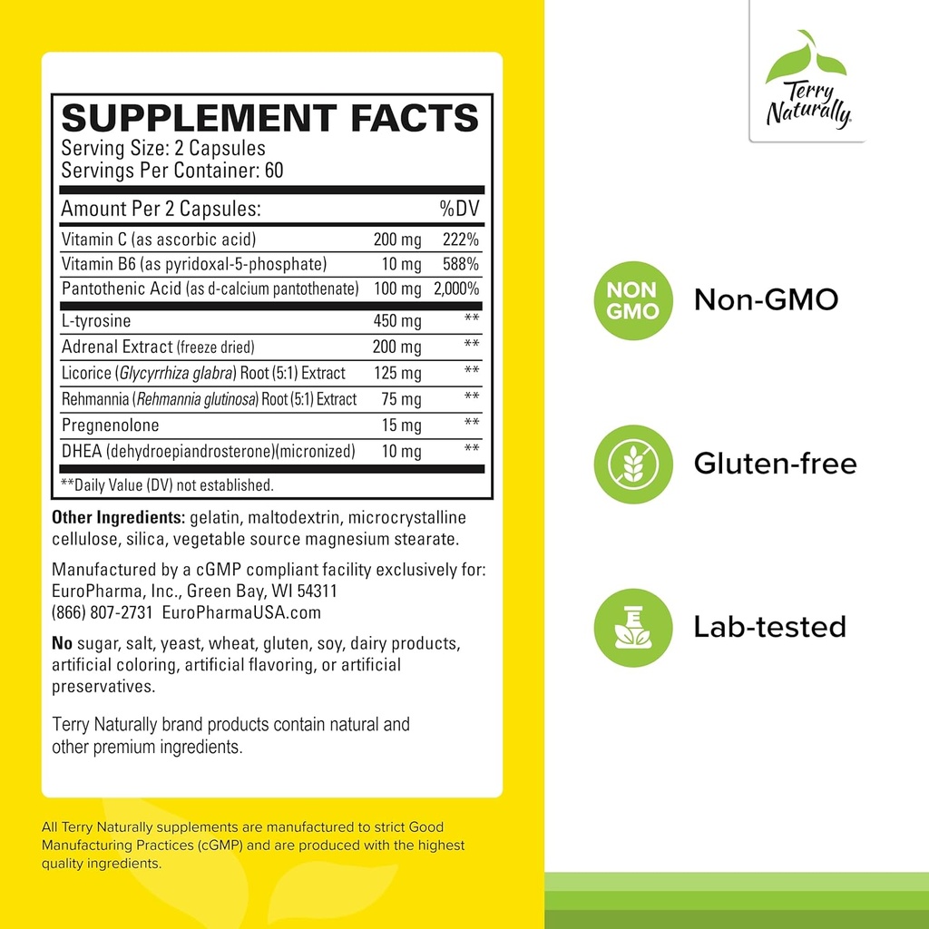 Terry Naturally Adrenaplex - Adrenal Gland Function Supplement - Glandular Support with Vitamins C & B6 - Dietary Supplement to Support Healthy Adrenal Function - 120 Capsules 3