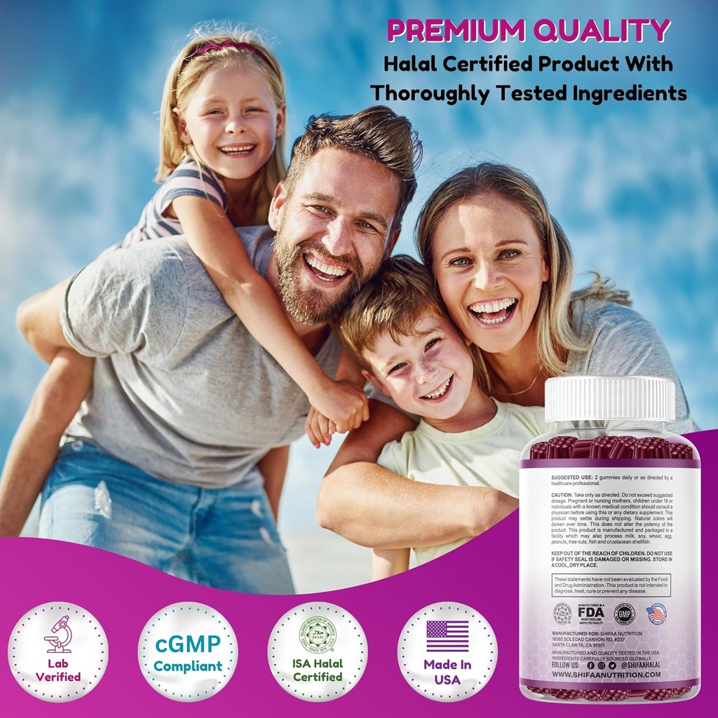 SHIFAA NUTRITION Vegan Black Sambucus Elderberry Gummies | Non-GMO | 60 Gummies, 30 Serving w/ 100mg Elderberry, 90mg Vitamin C, 7.5mg Zinc | Immune Support, Antioxidant Flavonoids Halal Vitamins 6