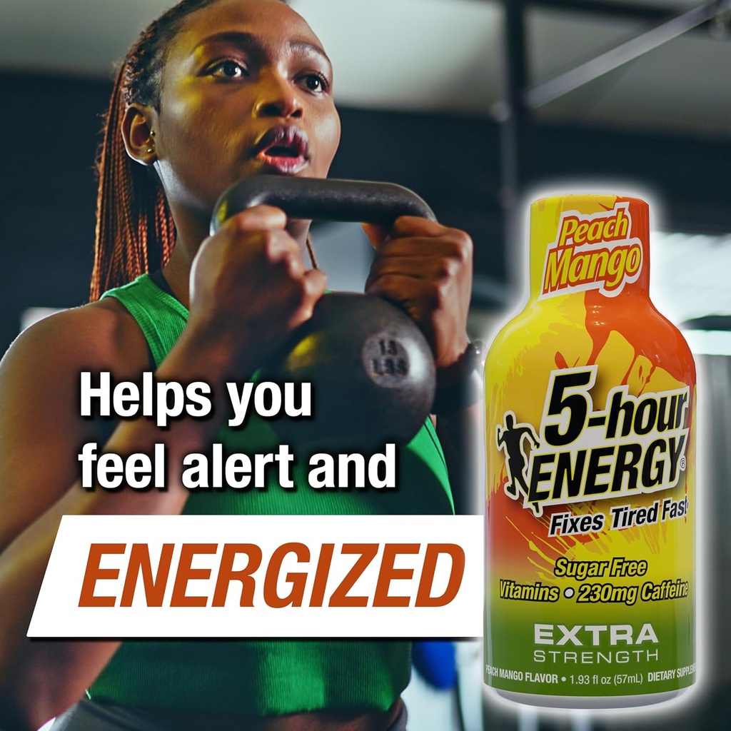 5-hour ENERGY Extra Strength Energy Shot, Peach Mango Flavor (1.93 oz. - 24 Count) Zero Calories & Sugar-Free 230 mg Caffeinated Shot, Amino Acids & B Vitamins, Dietary Supplements 5