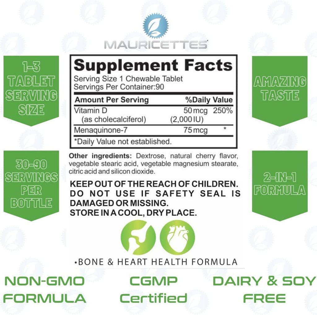 Mauricettes Chewable Vitamin D3 with K2 – 2-in-1 Bone & Heart Health Support – Immune Booster – Natural Cherry Flavor – 90 Tablets for Adults & Kids 3