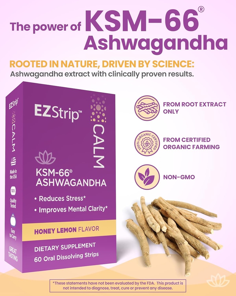 Calm – KSM-66 Ashwagandha Oral Strips. Stress Relief and Focus Supplement. Honey Lemon Flavor. Sugar Free, Gluten Free, Allergen Free, Non-GMO. Made in USA in an FDA-Registered Facility. 60 Pk 3