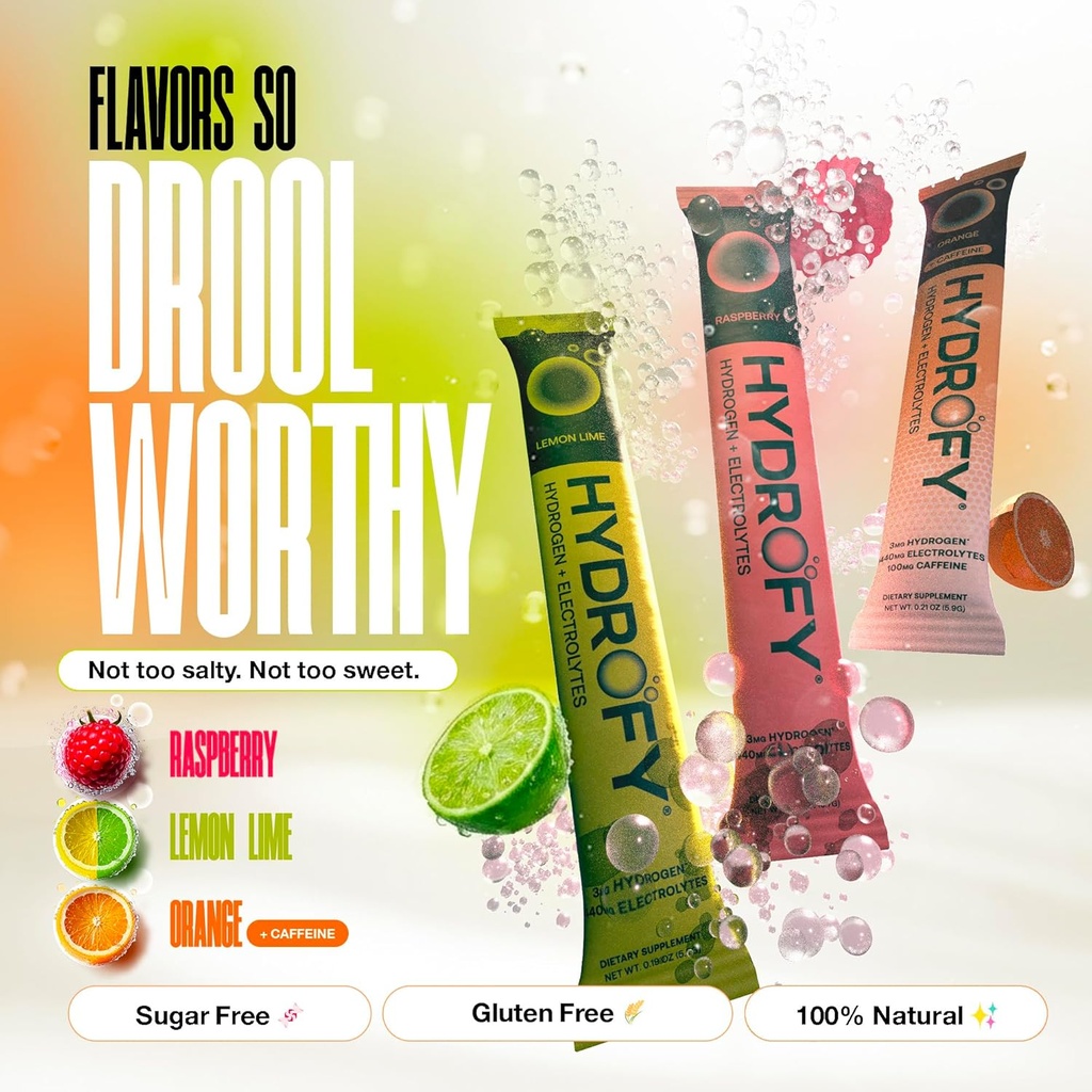 Hydrofy Hydrogen Water + Electrolytes Drink Mix | H2 Hydration Packets with Molecular Hydrogen, Sodium, Potassium, Magnesium, Calcium, and Minerals | No Sugar | Raspberry 25 Ct 5