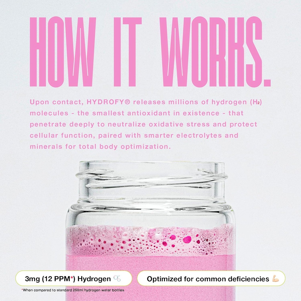 Hydrofy Hydrogen Water + Electrolytes Drink Mix | H2 Hydration Packets with Molecular Hydrogen, Sodium, Potassium, Magnesium, Calcium, and Minerals | No Sugar | Raspberry 25 Ct 6