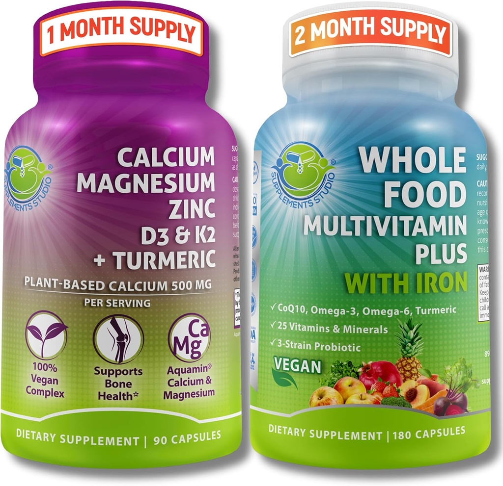 Vegan Whole Food Multivitamin with Iron + Plant-Based Calcium, Magnesium, Zinc, D3, K2 & Organic Turmeric – Complete Daily Supplement Bundle for Men & Women – Energy, Immunity & Bone Support 2