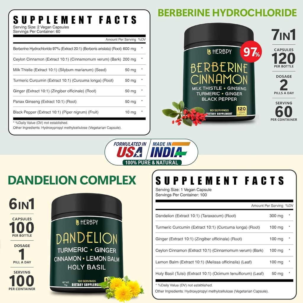 Bundle 7in1 Berberine HCl & 6in1 Dandelion Supplement - Support Immune, Digestion and Heart Health 3