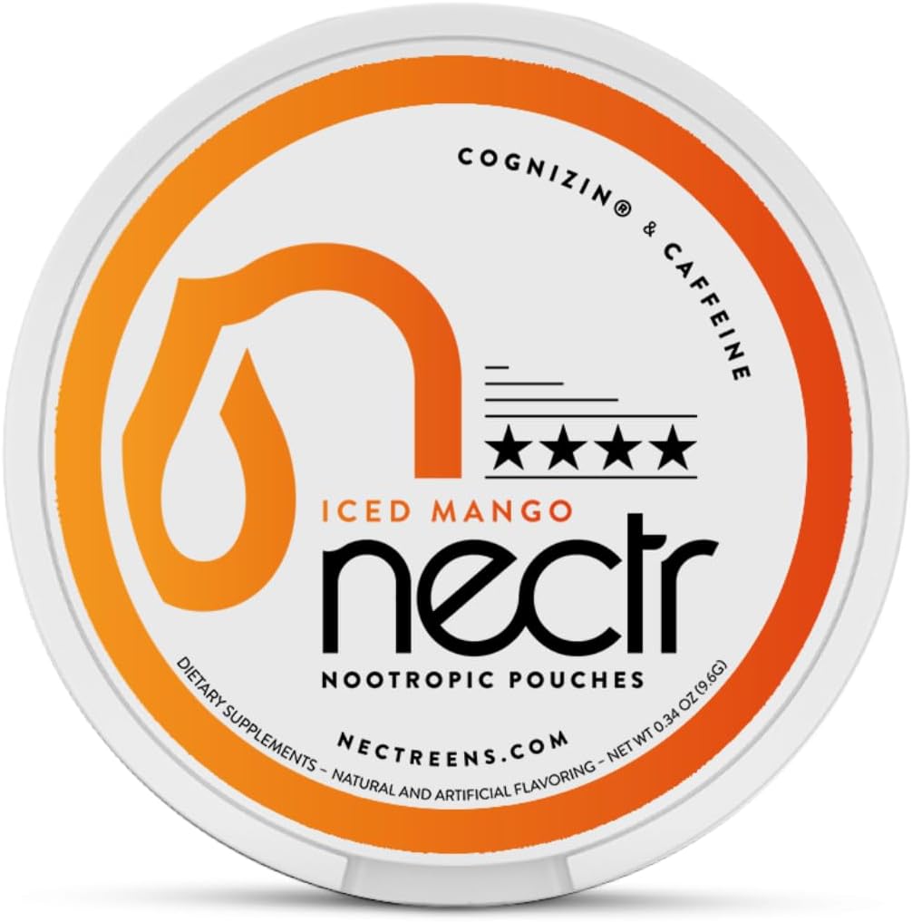 Nectr Energy Nootropic Pouches – Iced Mango Flavored, Caffeine Pouches with Cognizin® Citicoline. Sugar-Free Brain Treats. Smooth, Sustained Focus & Energy Supplement - 1 Puck of 16pcs 2