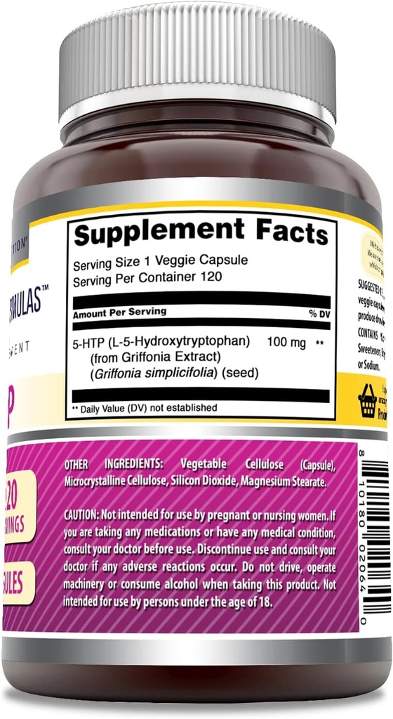 Amazing Formulas 5-HTP (Hydroxytryptophan) Supplement | 100 Mg Per Serving | Veggie Capsules | Non-GMO | Gluten Free | Made in USA (1 Pack, 120 Count) 3