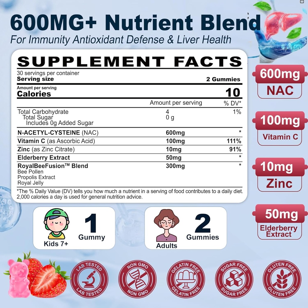 NAC Gummies for Kids & Adults, Chewable N-Acetyl Cysteine Supplement 600mg 1000mg w/Vitamin C, Zinc, Elderberry for Antioxidants & Immune Support, Lung & Liver Health, Sugar Free, 120 Ct 3