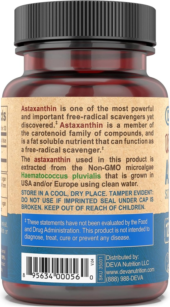DEVA Nutrition Vitamins Astaxanthin 12mg, Vegan, Made from Haematococcus Pluvialis Microalgae, 30 Capsules, 1-Pack 5
