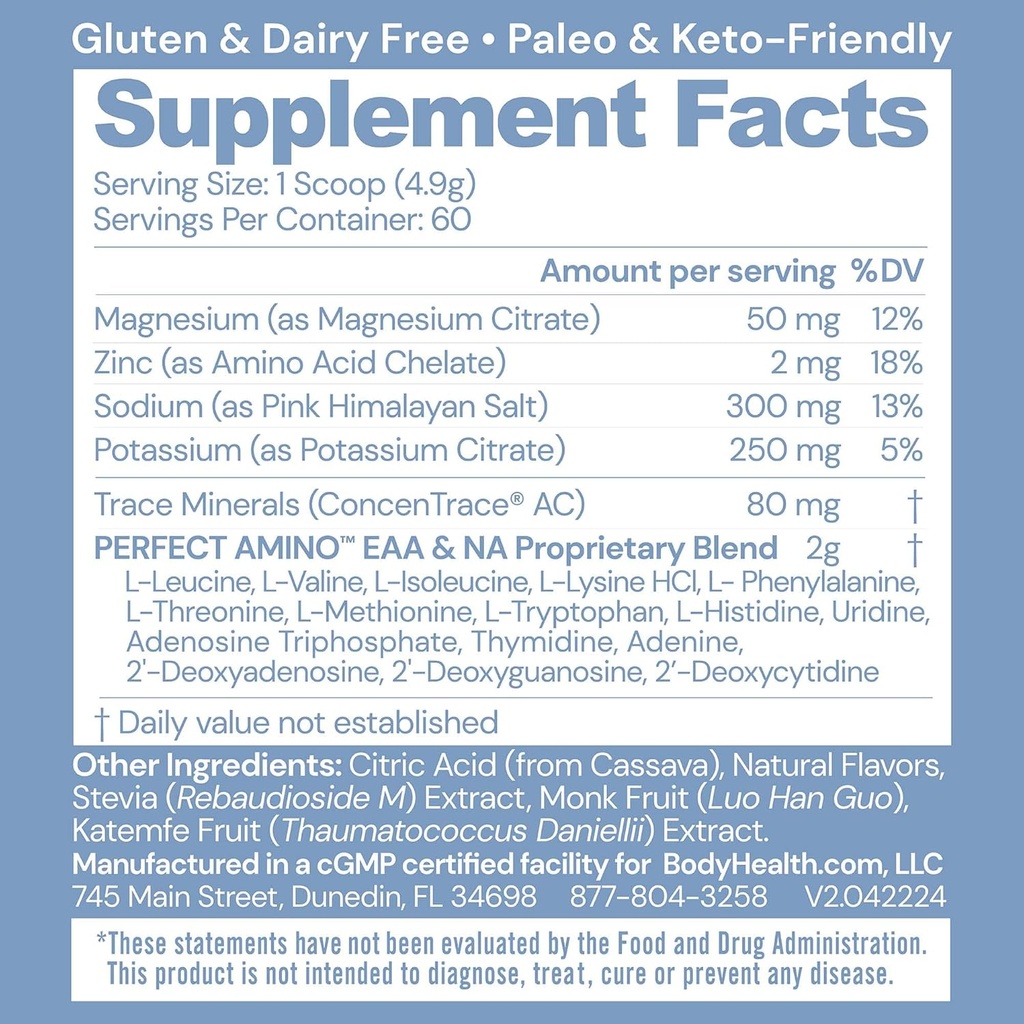 BodyHealth PerfectAmino Electrolytes Powder No Sugar, Hydration Fasting Keto Zero Sugar Electrolytes Drink Mix with Trace Minerals - Passion Fruit - 60 Servings 3