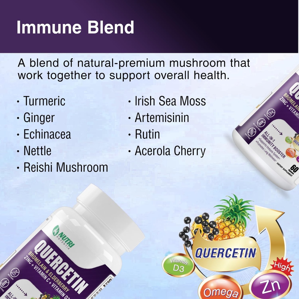 Quercetin with Bromelain, Quercetin 500mg Capsules, Vitamin C & D3, Zinc and Elderberry - Advanced Lung Immune and Respiratory Support Supplement - 60 Capsules 5