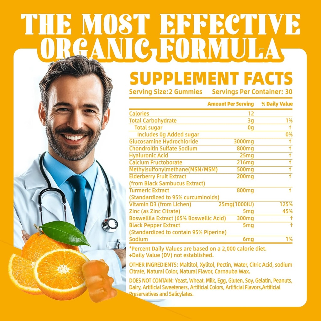 Glucosamine Chondroitin Gummies with MSM & Elderberry Extra Strength - Joint Support, Antioxidant Immune Support Supplement for Adults, Men & Women.60 Orange Gummies 3