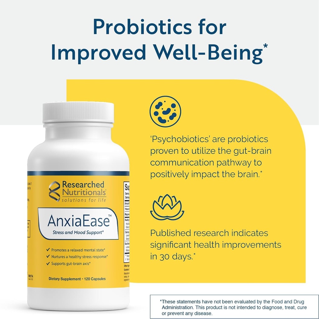 Researched Nutritionals AnxiaEase - Stress, Cortisol Management & Mood Support Supplement - Botanicals, Vitamin B6, Magnesium & 'Psychobiotic' Probiotic Strains (120 Capsules) 6