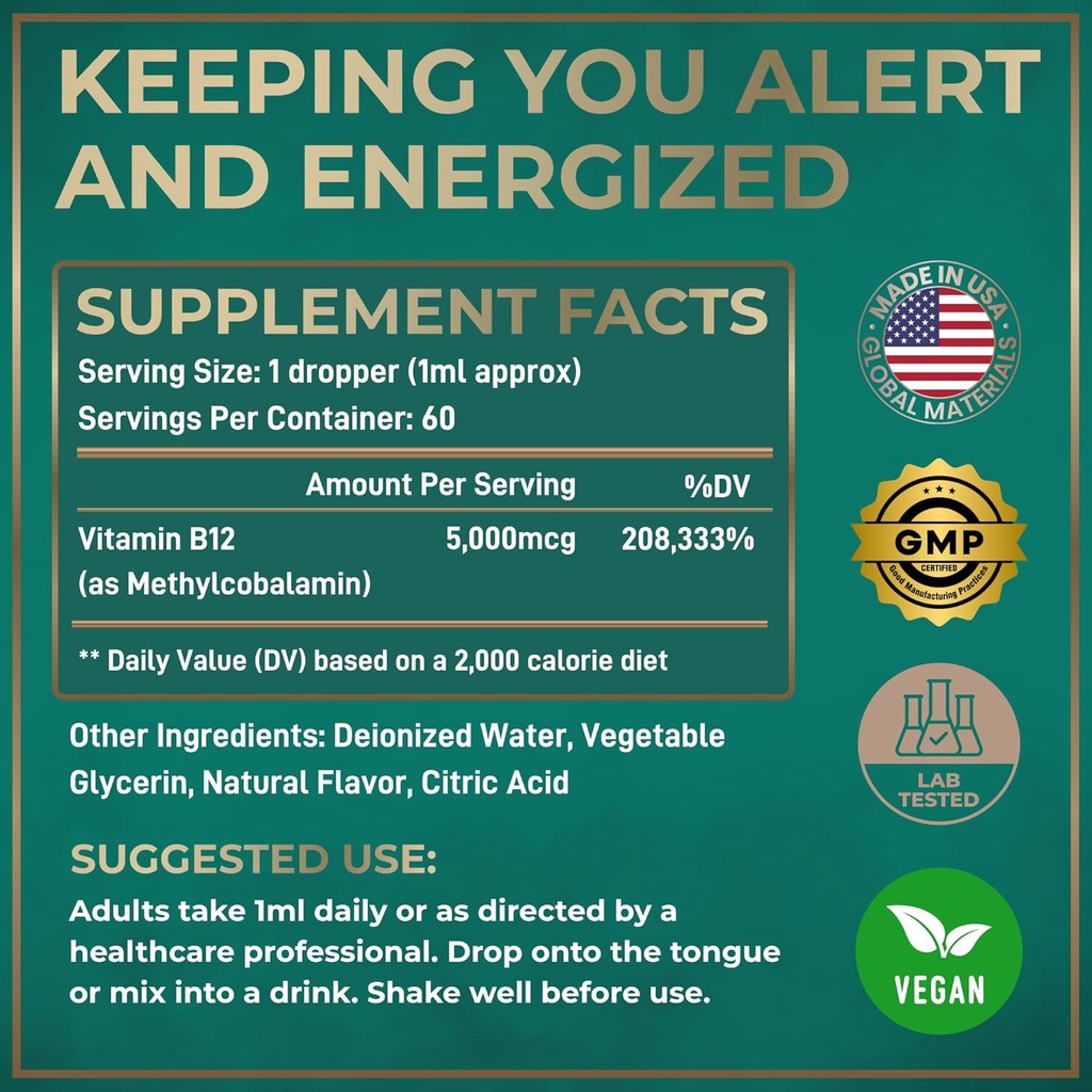 Vegan Vitamin B12 Liquid Drops - Fast-Acting B12 Sublingual 5000 mcg Methylcobalamin Supplement - Energy, Memory and Mood Support - High-Potency One-Dropper Per Day - Natural Citrus Flavor - 2oz 6