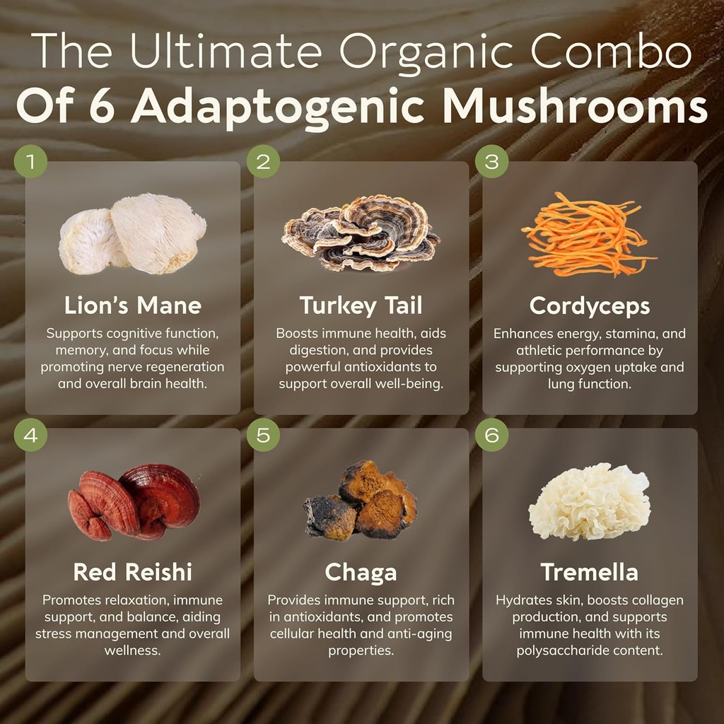 Organic Super Six Mushroom Blend Capsules Supplement (90) | Fruiting Body Extract Complex | Lions Mane, Turkey Tail, Cordyceps, Reishi, Chaga & Tremella | 35% Beta-D Glucans | Overall Wellness Support 3