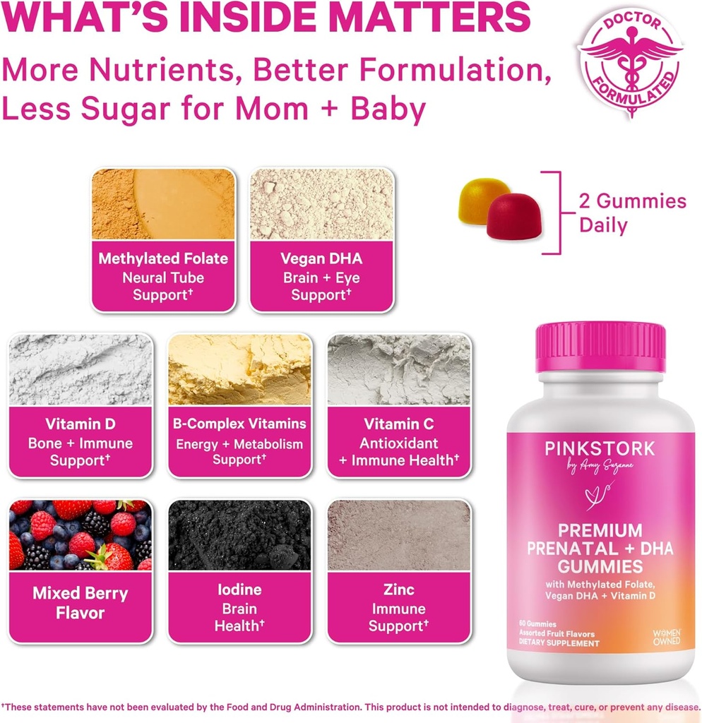 Pink Stork Premium Prenatal Gummy Vitamins with DHA, Folate, and Vitamin D - Multivitamin and Nutrient Blend for Neural Tube and Fetal Brain Development - Pregnancy Must Haves - 60 Vegan Gummies 3