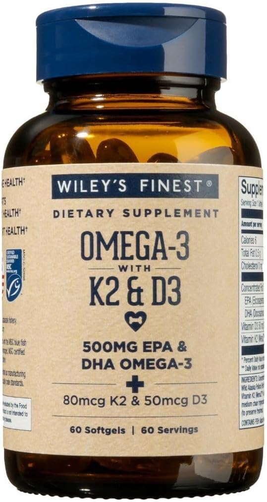 Wiley's Finest Wild Alaskan Fish Oil Vitamin K2 & D3 Softgels - 500mg of EPA and DHA Omega-3s for Bone and Heart Health Support - 60 Softgels (60 Servings) 2