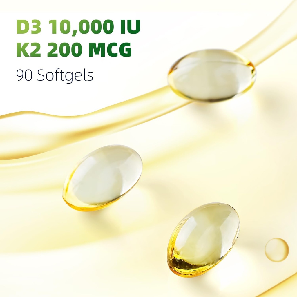 Vitamin D3 K2 Softgels, D3 10000 IU with K2 (MK-7) 200 mcg with Coconut Oil Softgels, Easy to Swallow 2 in 1 Vitamins D & K, Supports Calcium Absorption, Immune and Heart Health - 90 Counts 4