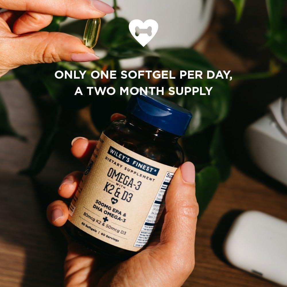 Wiley's Finest Wild Alaskan Fish Oil Vitamin K2 & D3 Softgels - 500mg of EPA and DHA Omega-3s for Bone and Heart Health Support - 60 Softgels (60 Servings) 3