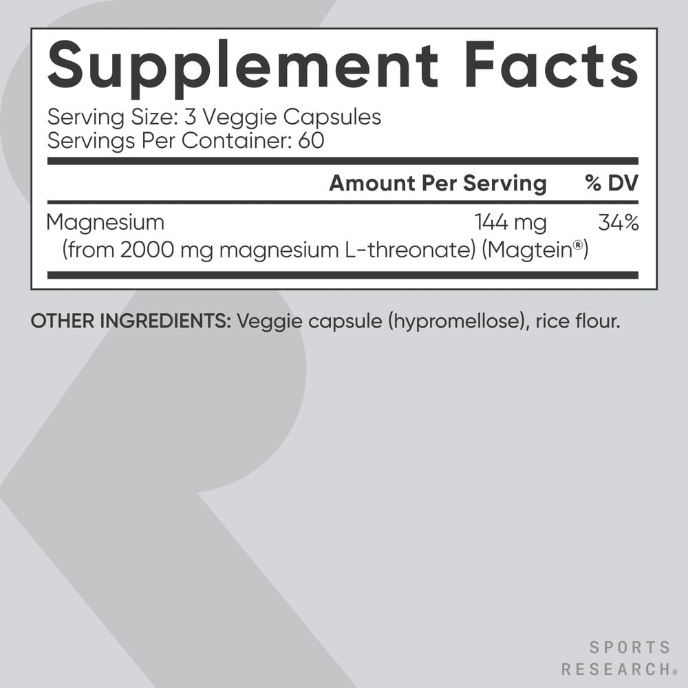 Sports Research Magtein Magnesium L-Threonate Capsules - Magnesium Supplement for Memory, Focus & Cognition - Magnesium L Threonate Supports Brain Health, Sleep & Mood- 2000mg, 180 Capsules for Adults 6