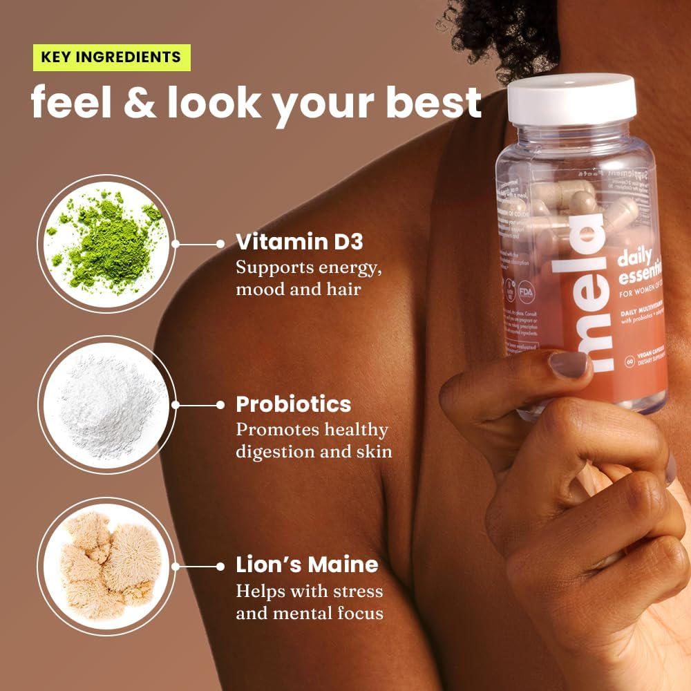 Mela Daily Essentials Multivitamin for Melanated Women - High-Dose Vitamin D3 and B12, Probiotics, Lion's Mane, Ceylon Cinnamon - Vegan, Gluten Free, Non-GMO, 30 Day Supply (60 Capsules) 6