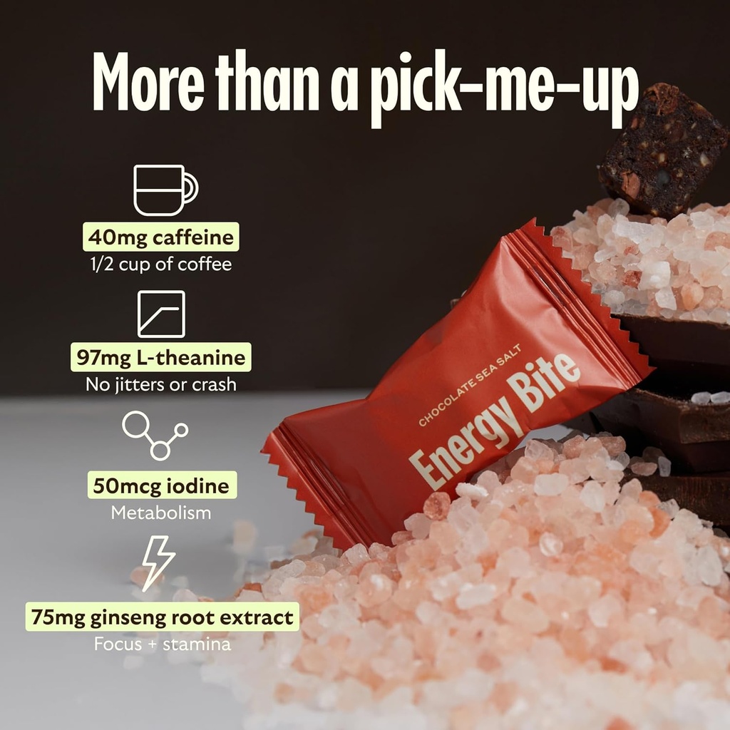 GEM Energy Caffeinated Bite, 40mg Caffeine, Ginseng Root, L-Theanine, Holistic Sustained Energy, Supports Metabolism, Stamina & Endurance | Chocolate Cacao Sea Salt | 28 Servings 6