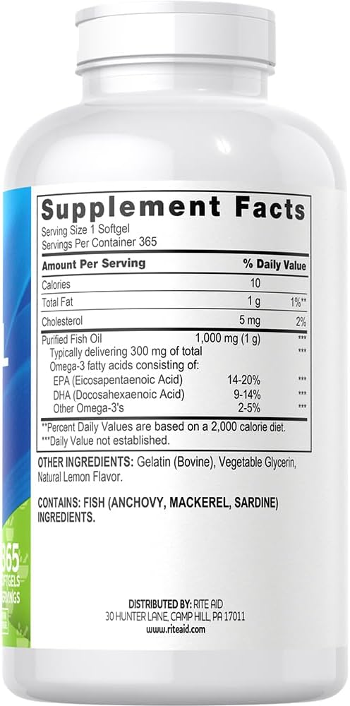 Rite Aid Fish Oil 1000mg, 365 Softgels - Natural Lemon Flavor, with EPA and DHA, Supports Heart, Brain and Vision Health 4