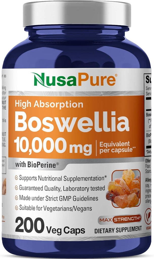 NusaPure Boswellia Serrata 10,000 mg Per Veggie Caps 200 Count (Ext. 20:1, Non-GMO, Vegan, Bioperine) Ayurvedic Herb: Indian Olibanum, Frankincense 2