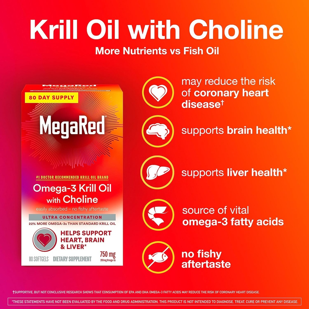 MegaRed Krill Oil 750mg Omega 3 Supplement with Choline, #1 Dr Recommended Krill Oil Brand with EPA, DHA & Phospholipids, Supports Heart, Brain, & Liver Health, Antarctic Krill Oil - 80 Softgels 3