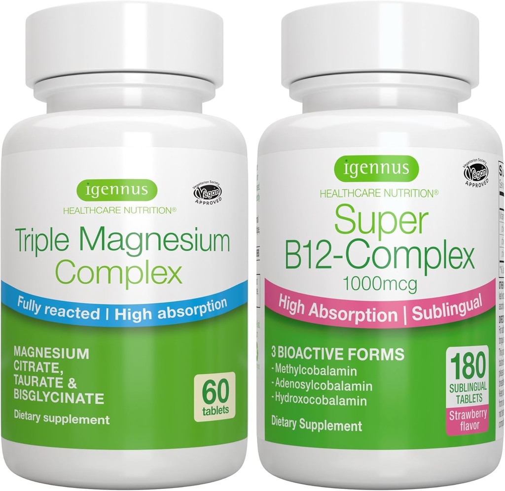 Triple Magnesium Complex + Super B12-Complex Energy Bundle, High Absorption Chelated Glycinate, Taurate & Citrate Magnesium + High Absorption Sublingual B12, Vegan, by Igennus 2
