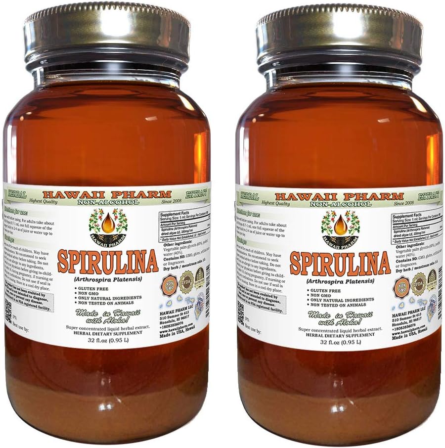 Spirulina Alcohol-Free Liquid Extract, Organic Spirulina (Arthrospira platensis) Dried Algae Glycerite Natural Herbal Supplement, Hawaii Pharm, USA 2x32 fl.oz 2