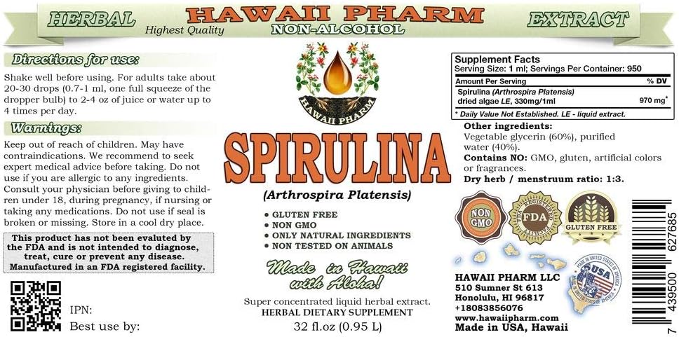 Spirulina Alcohol-Free Liquid Extract, Organic Spirulina (Arthrospira platensis) Dried Algae Glycerite Natural Herbal Supplement, Hawaii Pharm, USA 2x32 fl.oz 3