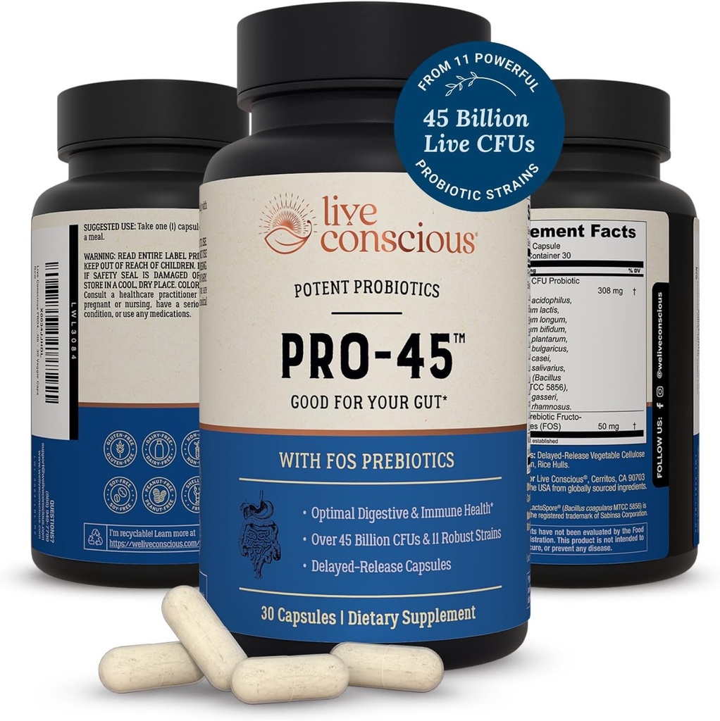 Live Conscious PRO45: Probiotic Formula, 45 Billion CFU, 11 Comprehensive strains. Dairy Free. Delayed Release Veggie caps. Promotes Immune and Digestive Health. 60 Capsules (2-Pack) 6