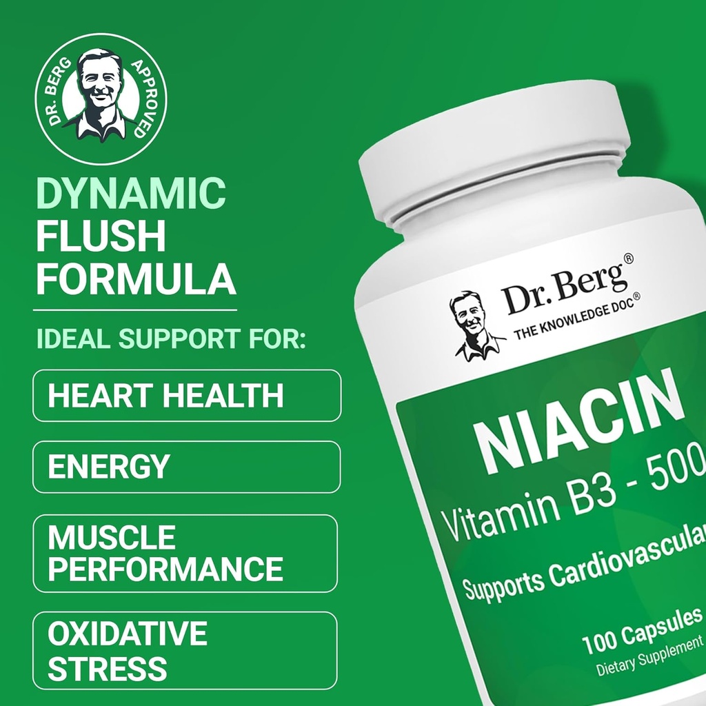 Dr. Berg Niacin 500mg with Flushing for Heart Health & Energy Support* - 100-Day Supply Vitamin B3 Niacin from Dr. Berg Recommended Nicotinic Acid - 100 Capsules 4