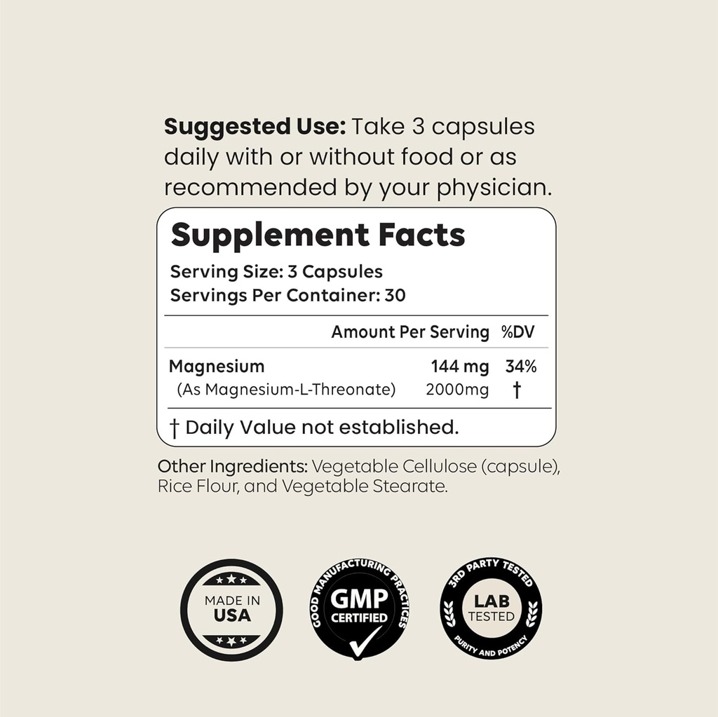 Magnesium L Threonate 2000mg Per Serving, 30 Servings of Pharmaceutical Grade, Non-GMO, Soy Free, Gluten Free, Vegetarian Capsules - Supplement for Brain & Joint 6